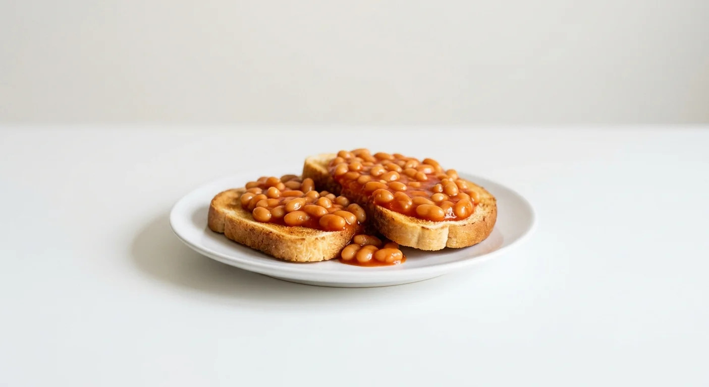 Wetherspoon Beans on Toast, baked beans on two slices of toast on a white plate, nutrition and calories