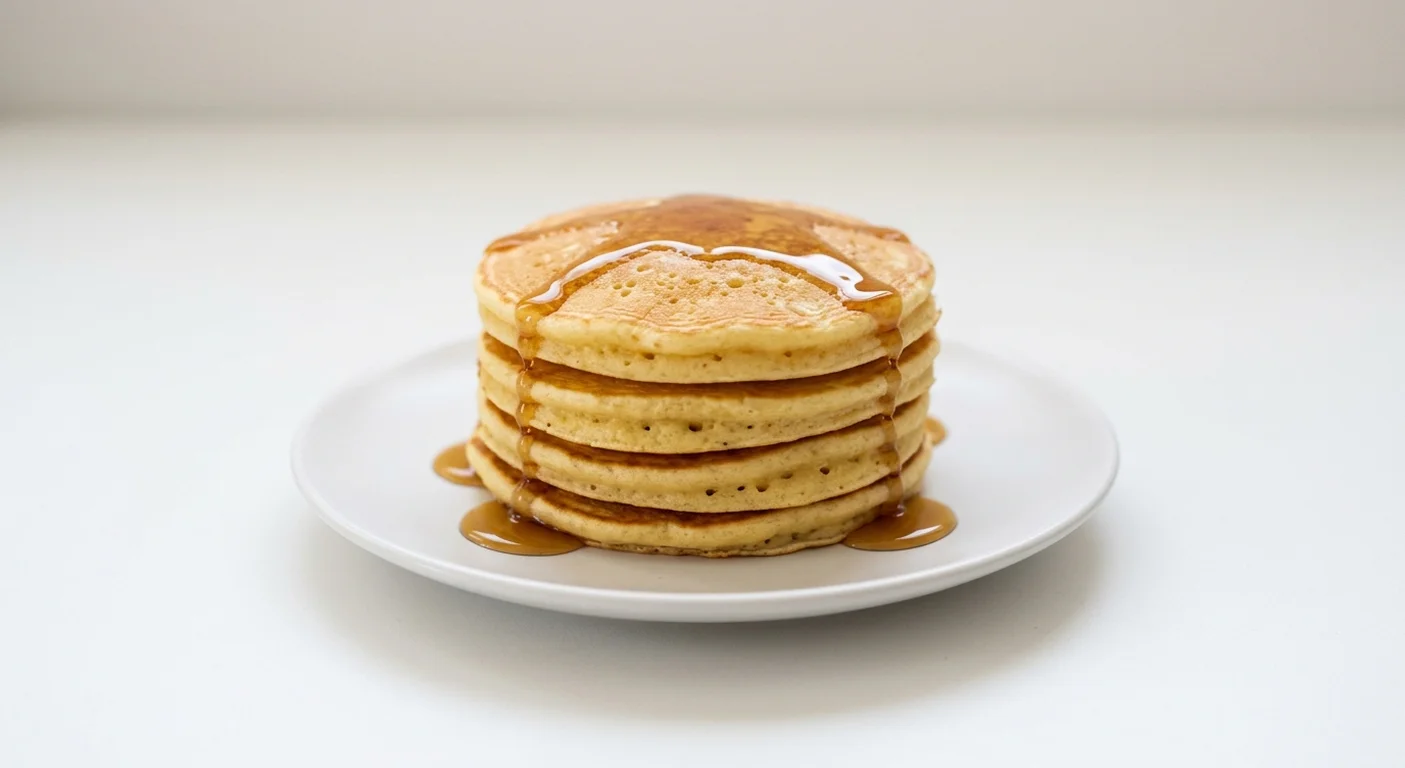 Wetherspoon American-Style Pancakes, four American-style pancakes drizzled with maple syrup on a white plate, nutrition and calories