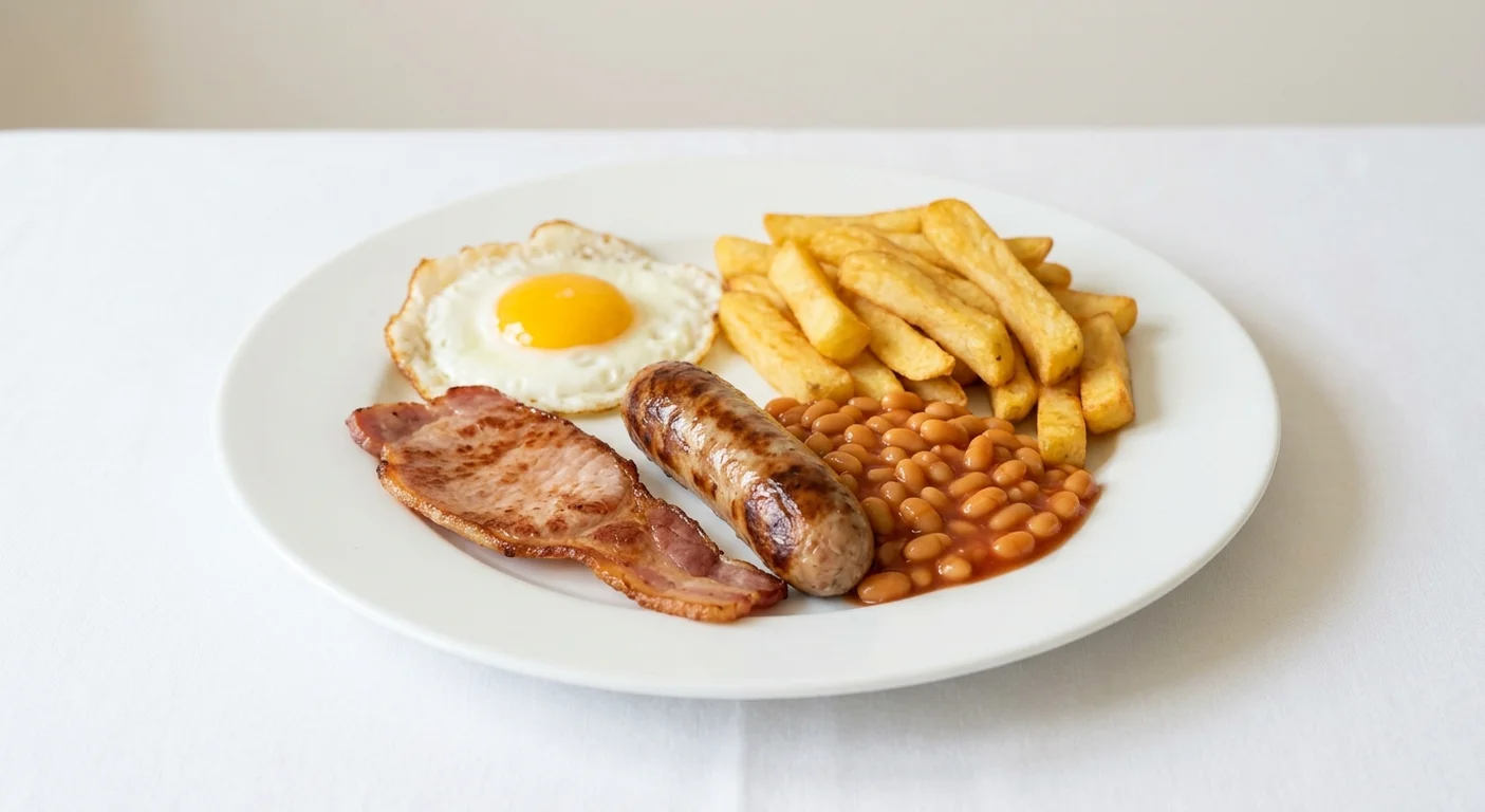 Wetherspoon All-Day Brunch, fried egg, back bacon, pork sausage, baked beans and chips on a white plate, nutrition and calories