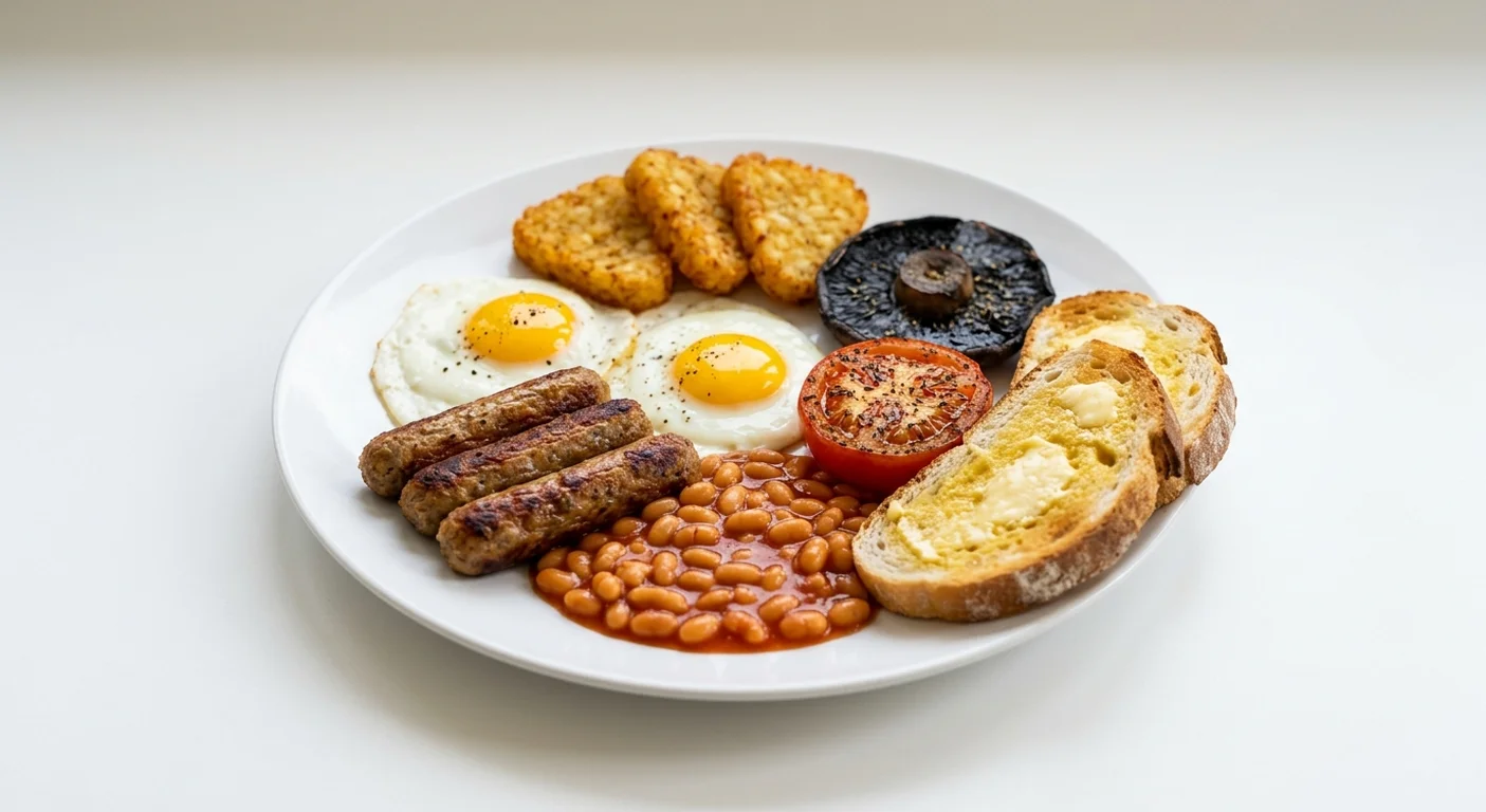Wetherspoon Large Vegetarian Breakfast, two fried eggs, three vegetarian sausages, baked beans, three hash browns, mushroom, tomato and two slices of toast on a white plate, nutrition and calories