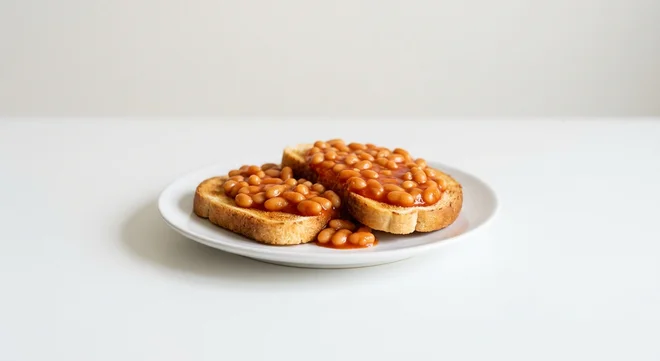 Wetherspoon Beans on Toast, baked beans on two slices of toast on a white plate, nutrition and calories