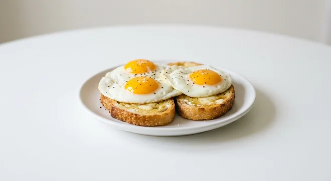 Wetherspoon Fried Egg on Toast, three fried eggs on two slices of buttered toast on a white plate, nutrition and calories