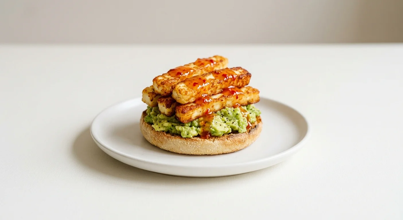 Wetherspoon Halloumi and Smashed Avocado Stack, English muffin with smashed avocado, halloumi-style fries and sweet chilli sauce on a white plate, nutrition and calories