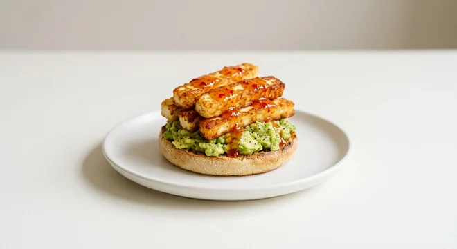 Wetherspoon Halloumi and Smashed Avocado Stack, English muffin with smashed avocado, halloumi-style fries and sweet chilli sauce on a white plate, nutrition and calories