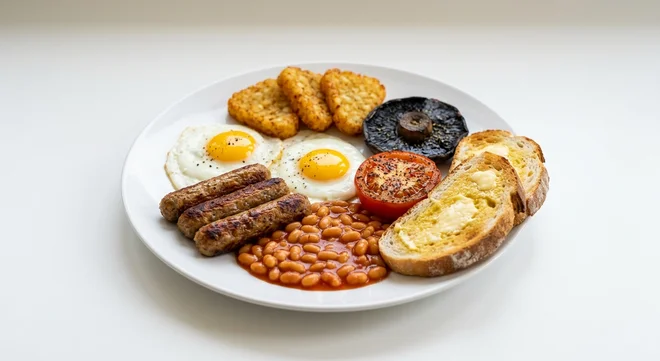 Wetherspoon Large Vegetarian Breakfast, two fried eggs, three vegetarian sausages, baked beans, three hash browns, mushroom, tomato and two slices of toast on a white plate, nutrition and calories