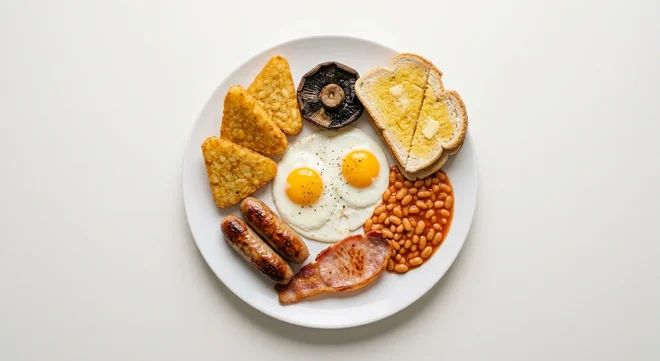 Wetherspoon Large Breakfast, two fried eggs, bacon, two sausages, baked beans, three hash browns, mushroom and two slices of toast on a white plate, nutrition and calories