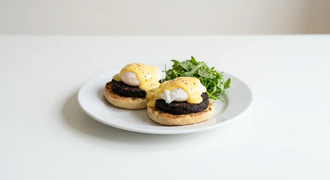 Wetherspoon Miner's Benedict, two poached eggs on black pudding and English muffin with hollandaise and rocket on a white plate, nutrition and calories