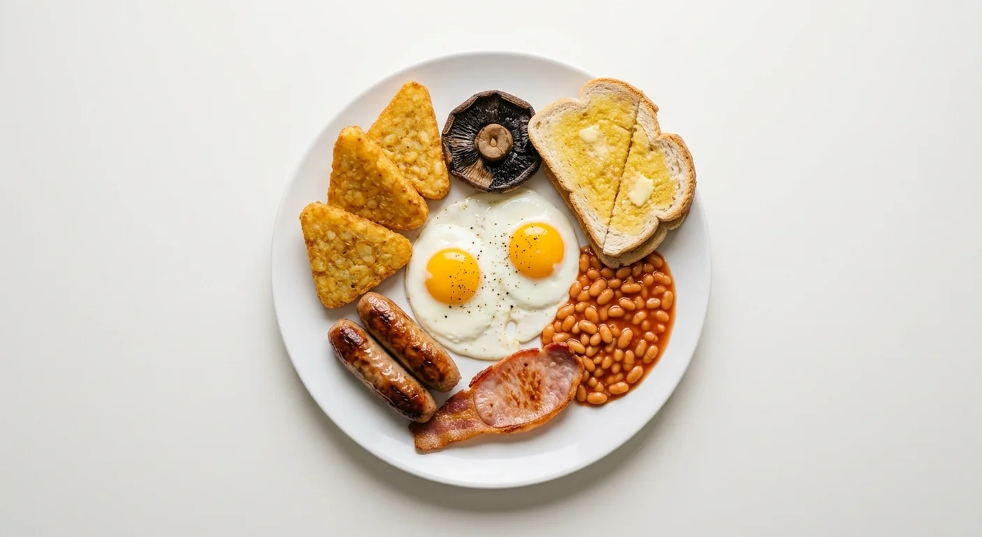 Wetherspoon Large Breakfast, two fried eggs, bacon, two sausages, baked beans, three hash browns, mushroom and two slices of toast on a white plate, nutrition and calories