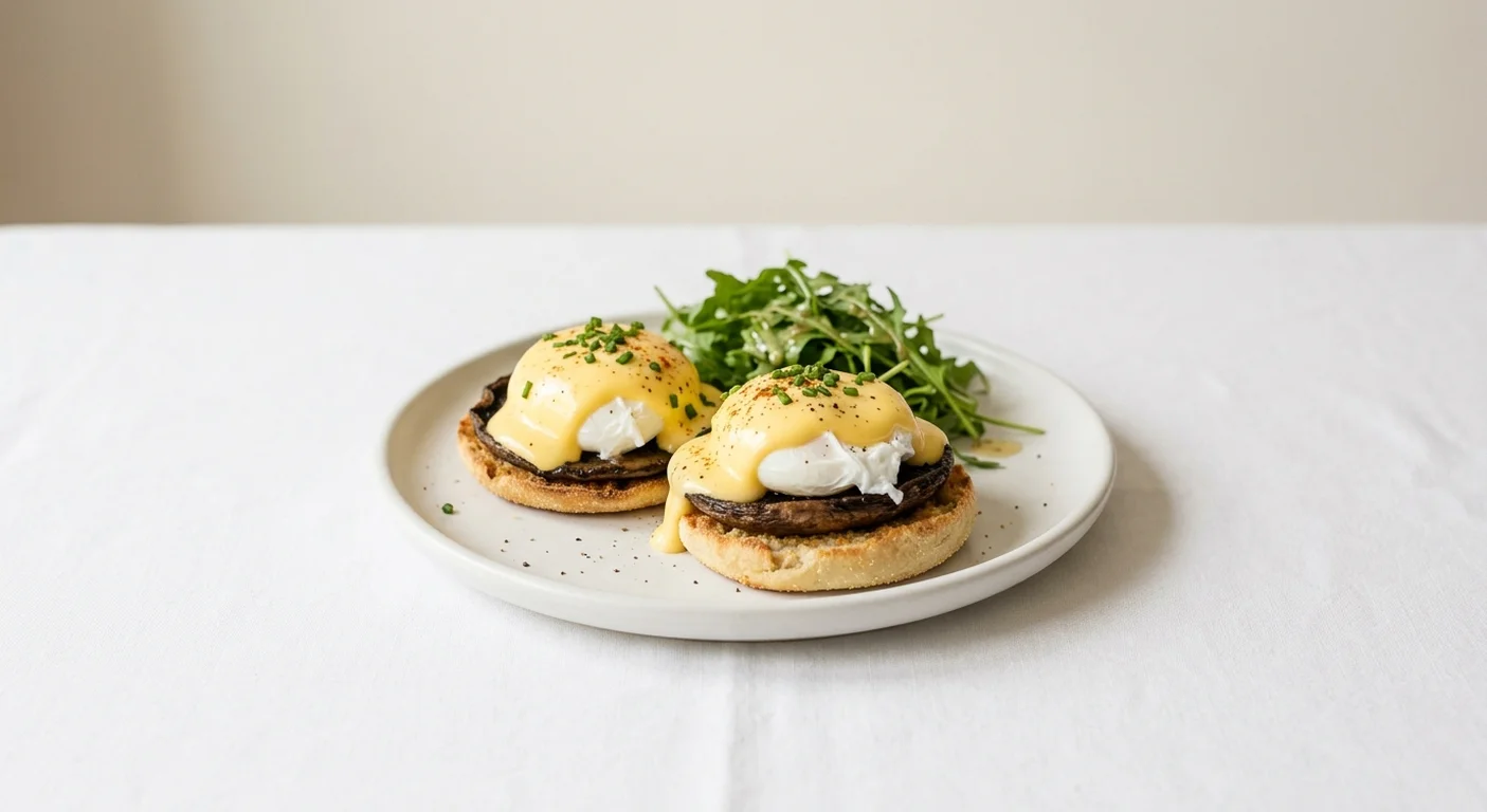 Wetherspoon Mushroom Benedict, two poached eggs on flat mushrooms and English muffin with hollandaise and rocket on a white plate, nutrition and calories