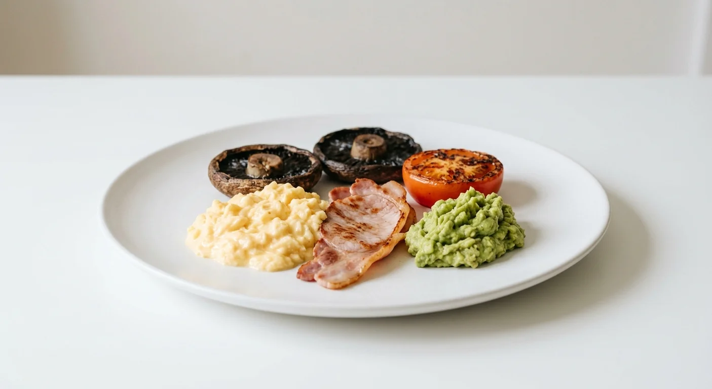 Wetherspoon Power Breakfast, scrambled egg, back bacon, grilled mushrooms, tomato and smashed avocado on a white plate, nutrition and calories