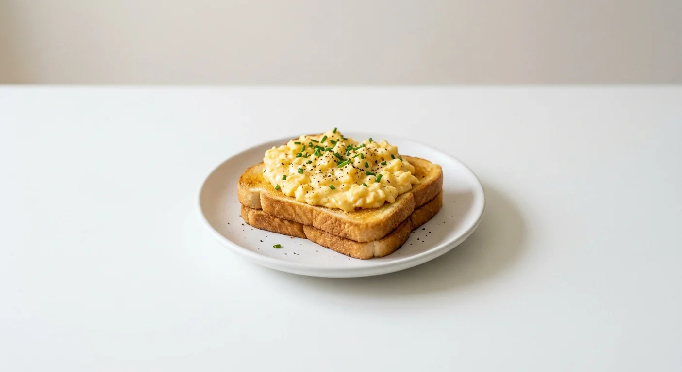 Wetherspoon Scrambled Egg on Toast, scrambled egg on buttered toast on a white plate, nutrition and calories