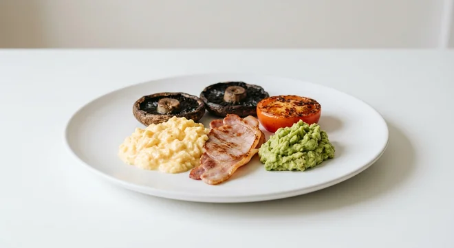 Wetherspoon Power Breakfast, scrambled egg, back bacon, grilled mushrooms, tomato and smashed avocado on a white plate, nutrition and calories