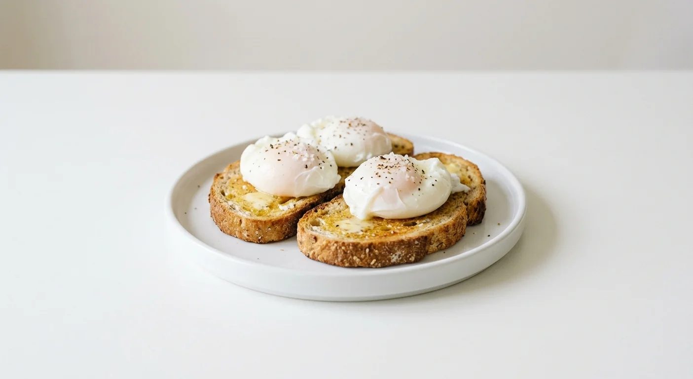 Wetherspoon Poached Egg on Toast, three poached eggs on two slices of buttered toast on a white plate, nutrition and calories
