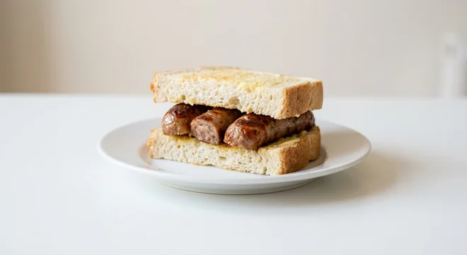 Wetherspoon Sausage Butty, two pork sausages in buttered white bloomer bread on a white plate, nutrition and calories