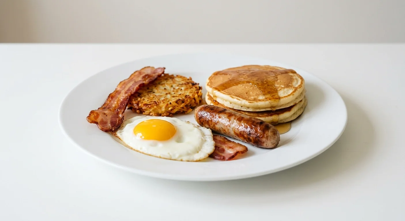 Wetherspoon Small American Breakfast, fried egg, hash brown, maple-cured bacon, sausage and two pancakes with maple syrup on a white plate, nutrition and calories