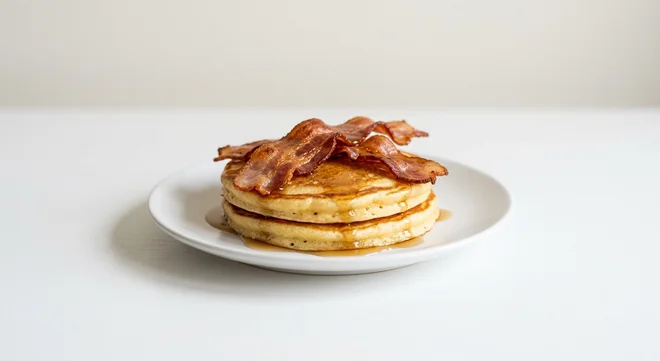 Wetherspoon Small American-Style Pancakes with Bacon and Maple-Flavour Syrup, two American-style pancakes topped with maple-cured bacon and maple syrup on a white plate, nutrition and calories