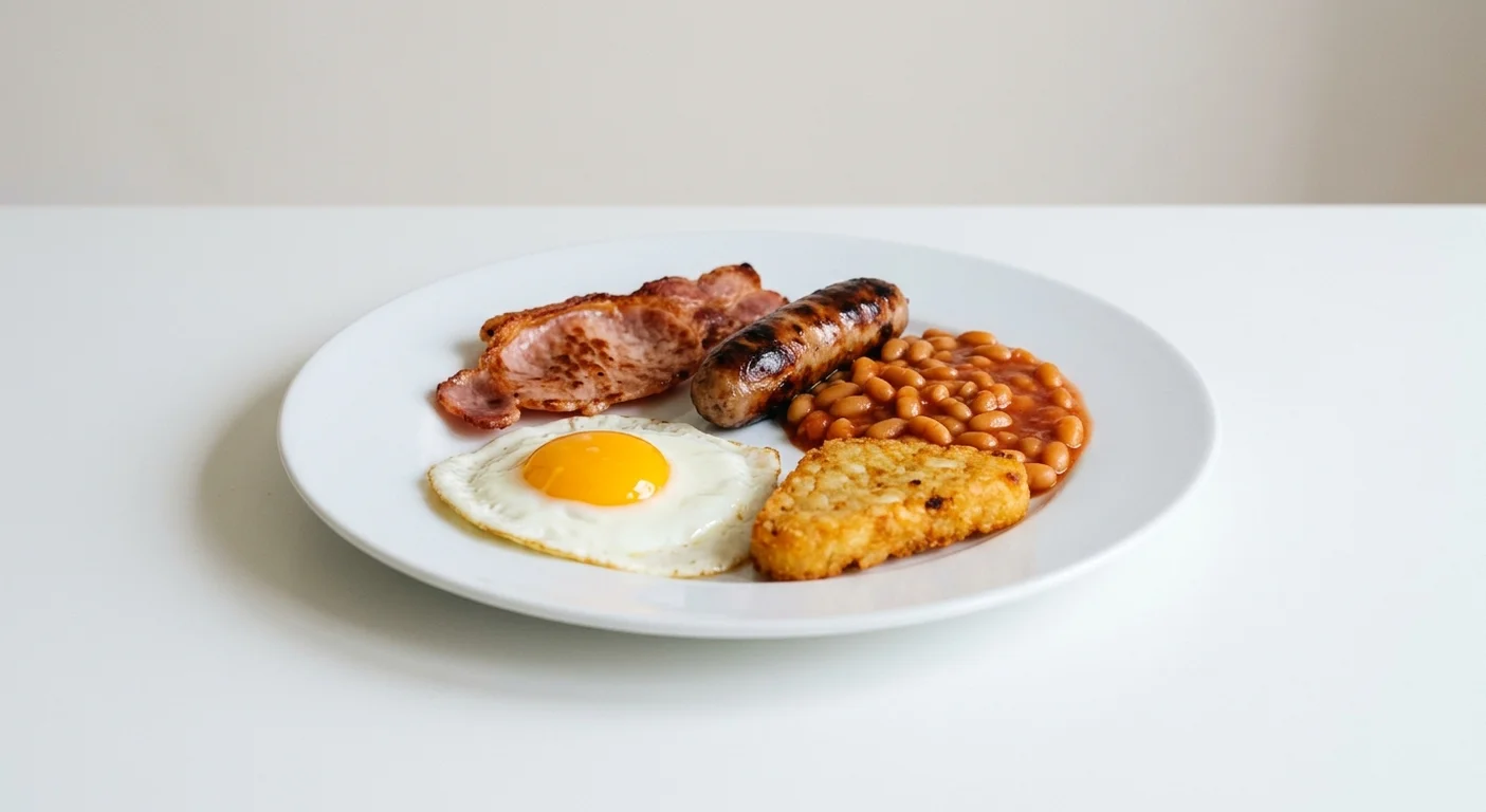 Wetherspoon Children's Breakfast, fried egg, back bacon, sausage, baked beans and hash brown on a white plate, nutrition and calories