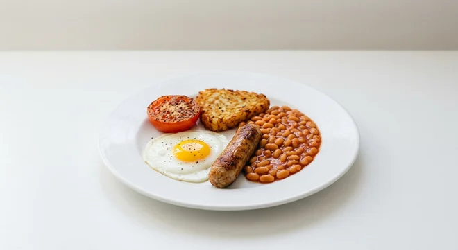 Wetherspoon Small Vegetarian Breakfast, fried egg, vegetarian sausage, baked beans, hash brown and tomato on a white plate, nutrition and calories