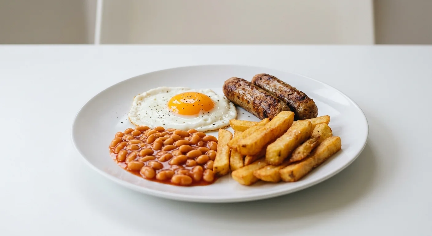 Wetherspoon Small Vegetarian All-Day Brunch, fried egg, two vegetarian sausages, baked beans and chips on a white plate, nutrition and calories