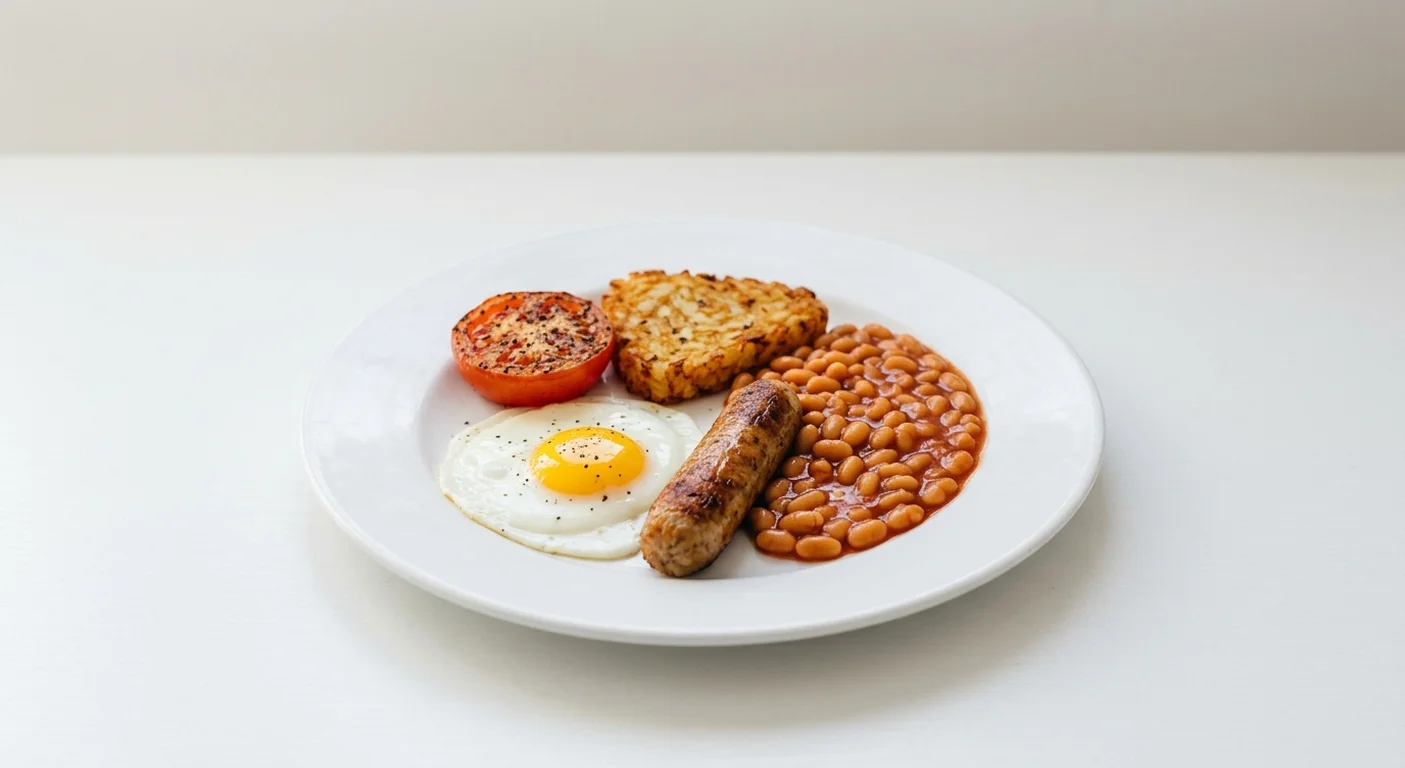 Wetherspoon Small Vegetarian Breakfast, fried egg, vegetarian sausage, baked beans, hash brown and tomato on a white plate, nutrition and calories