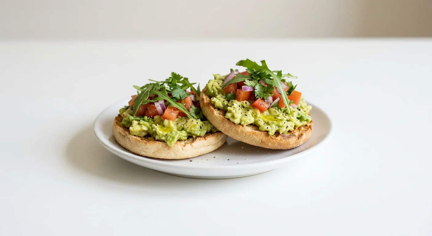 Wetherspoon Smashed Avocado Muffin, English muffin topped with smashed avocado, tomato, red onion, rocket and coriander on a white plate, nutrition and calories