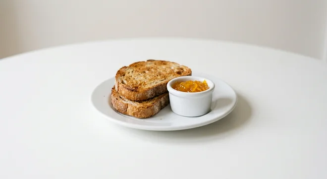 Wetherspoon Toast and Marmalade, two slices of toast with a pot of orange marmalade on a white plate, nutrition and calories