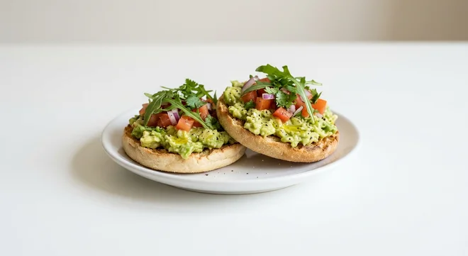 Wetherspoon Smashed Avocado Muffin, English muffin topped with smashed avocado, tomato, red onion, rocket and coriander on a white plate, nutrition and calories