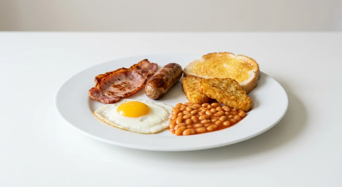 Wetherspoon Traditional Breakfast, fried egg, back bacon, sausage, baked beans, two hash browns and a slice of toast on a white plate, nutrition and calories