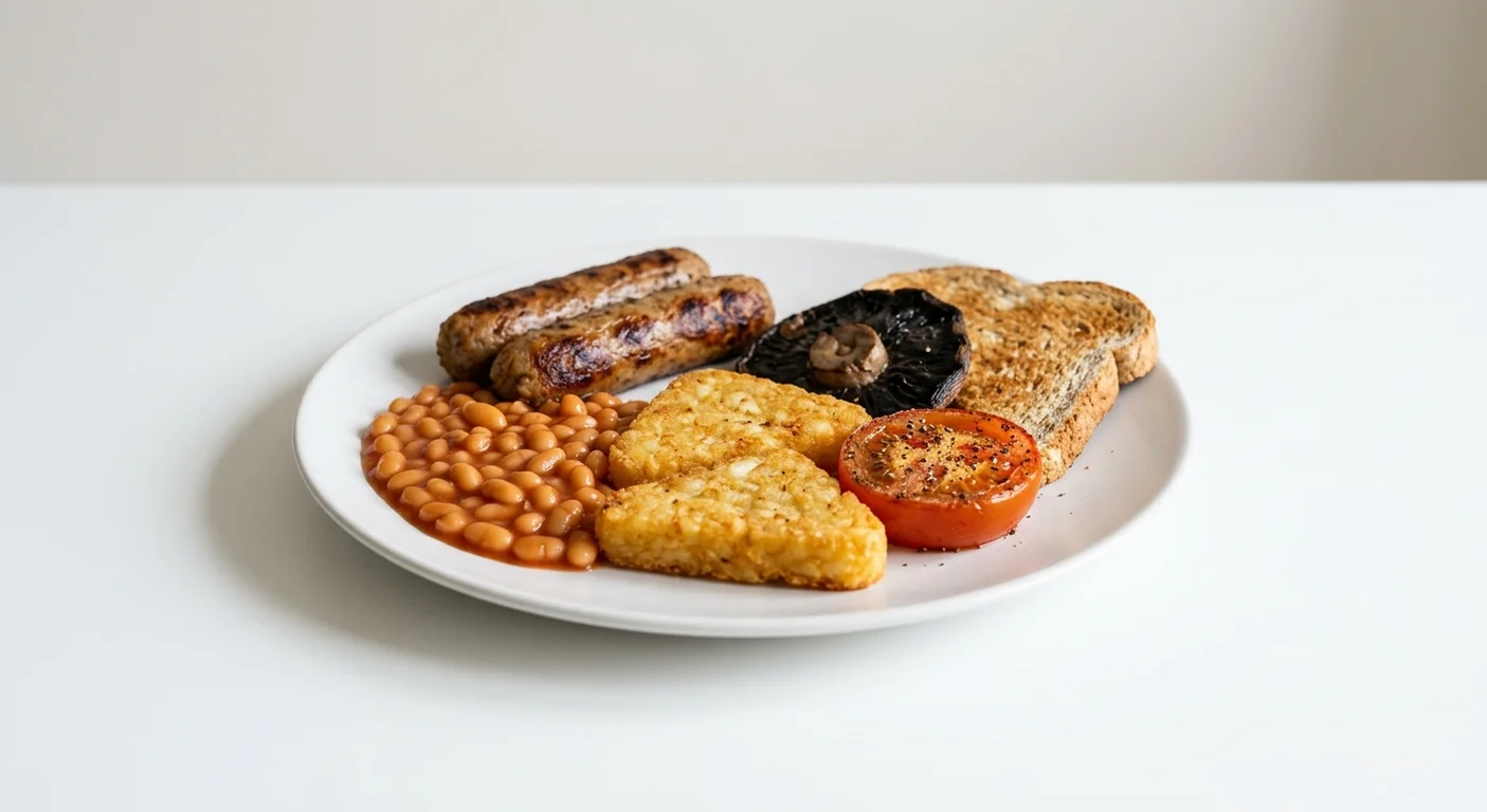 Wetherspoon Vegan Breakfast, two vegan sausages, baked beans, two hash browns, mushroom, tomato and toast on a white plate, nutrition and calories