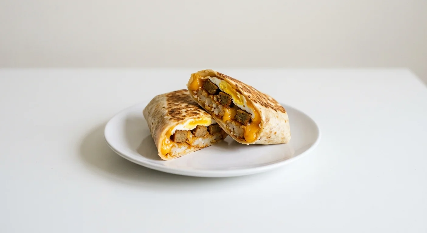 Wetherspoon Vegetarian Breakfast Wrap, wrap cut in half with egg, vegetarian sausage, hash brown and cheddar on a white plate, nutrition and calories