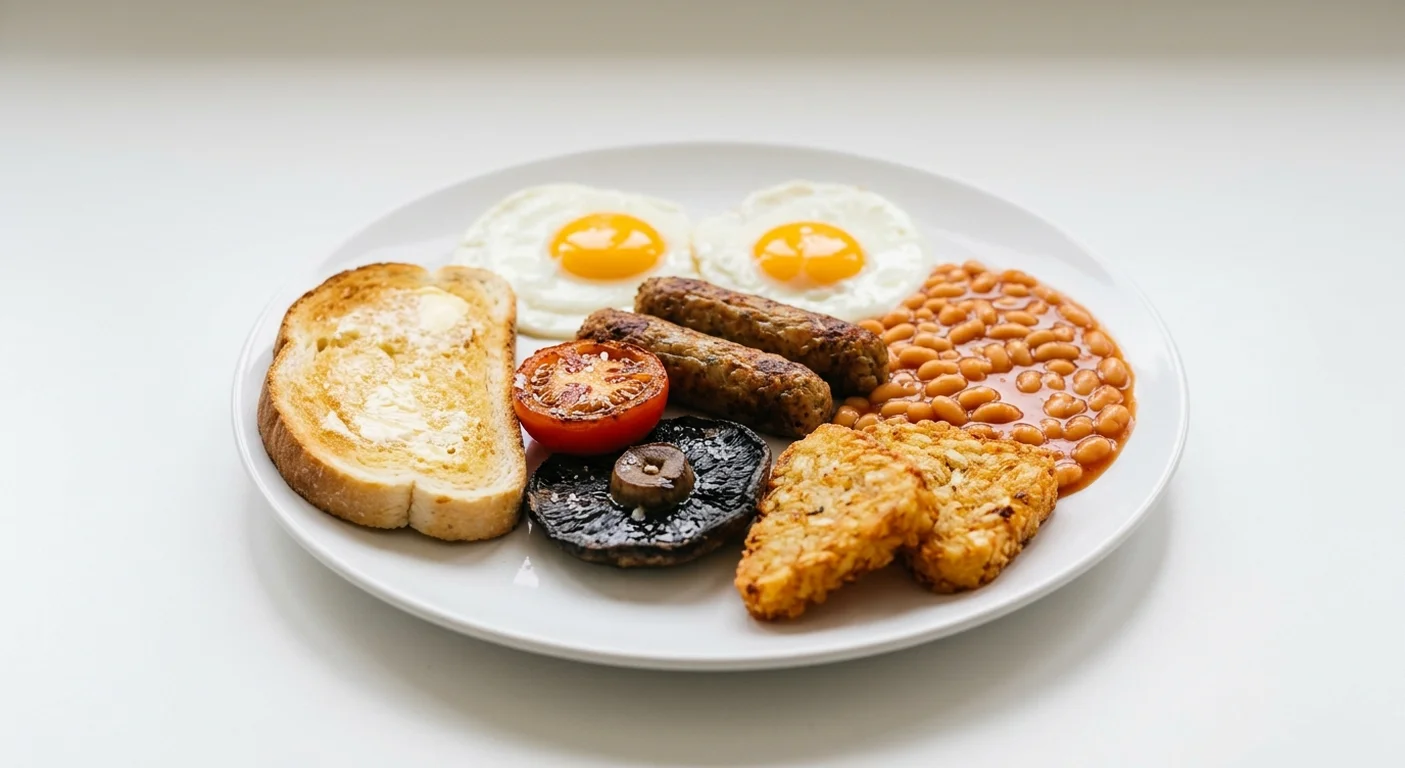 Wetherspoon Vegetarian Breakfast, two fried eggs, two vegetarian sausages, baked beans, two hash browns, mushroom, tomato and toast on a white plate, nutrition and calories