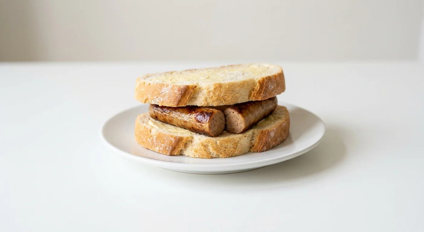 Wetherspoon Vegetarian Sausage Butty, two vegetarian sausages in buttered white bloomer bread on a white plate, nutrition and calories