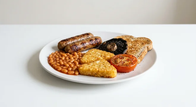 Wetherspoon Vegan Breakfast, two vegan sausages, baked beans, two hash browns, mushroom, tomato and toast on a white plate, nutrition and calories