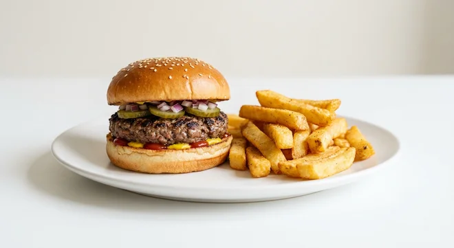 Wetherspoon American Burger, beef burger with ketchup, mustard, gherkins and red onion, with chips on a white plate, nutrition and calories