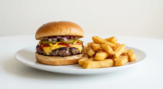 Wetherspoon American Cheese Burger, beef burger with American-style cheese, ketchup, mustard, gherkins and red onion, with chips on a white plate, nutrition and calories