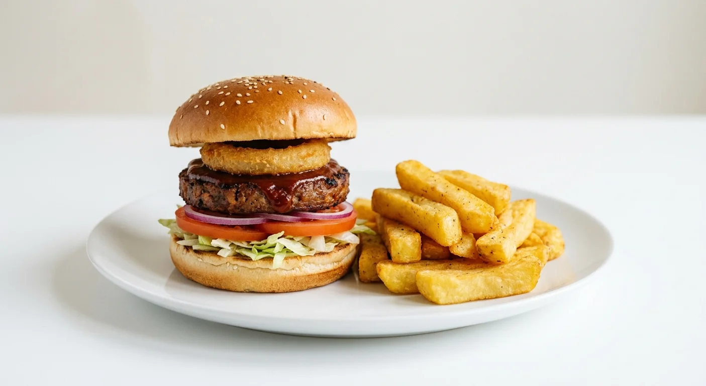 Wetherspoon BBQ Stack, plant-based burger with BBQ sauce, salad and an onion ring, with chips on a white plate, nutrition and calories