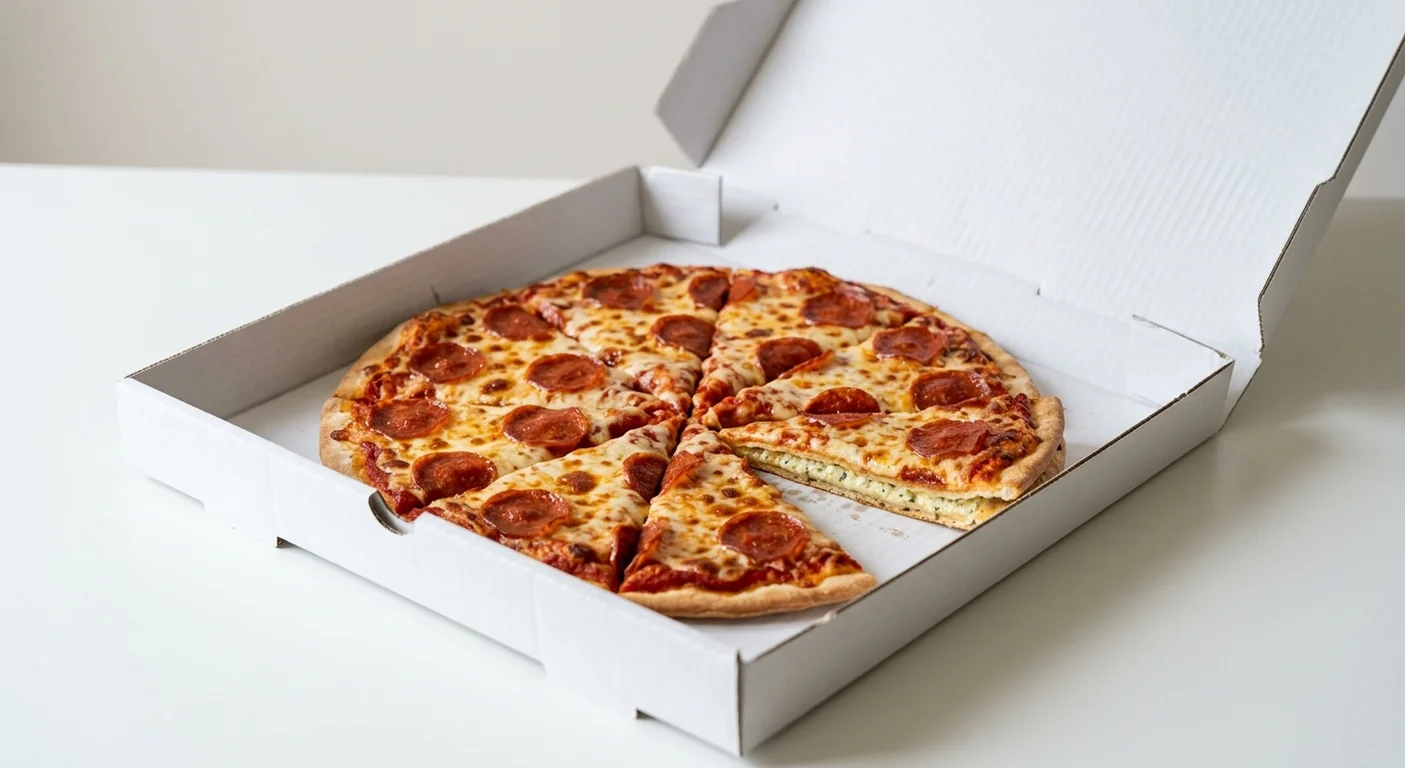 Domino's Pepperoni Passion (Double Decadence), whole Double Decadence pizza with pepperoni in a takeaway pizza box, nutrition and calories