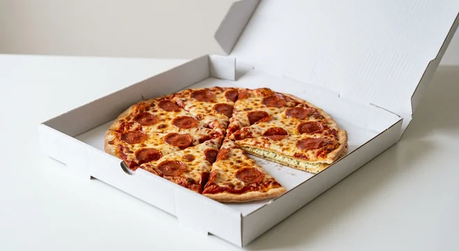 Domino's Pepperoni Passion (Double Decadence), whole Double Decadence pizza with pepperoni in a takeaway pizza box, nutrition and calories