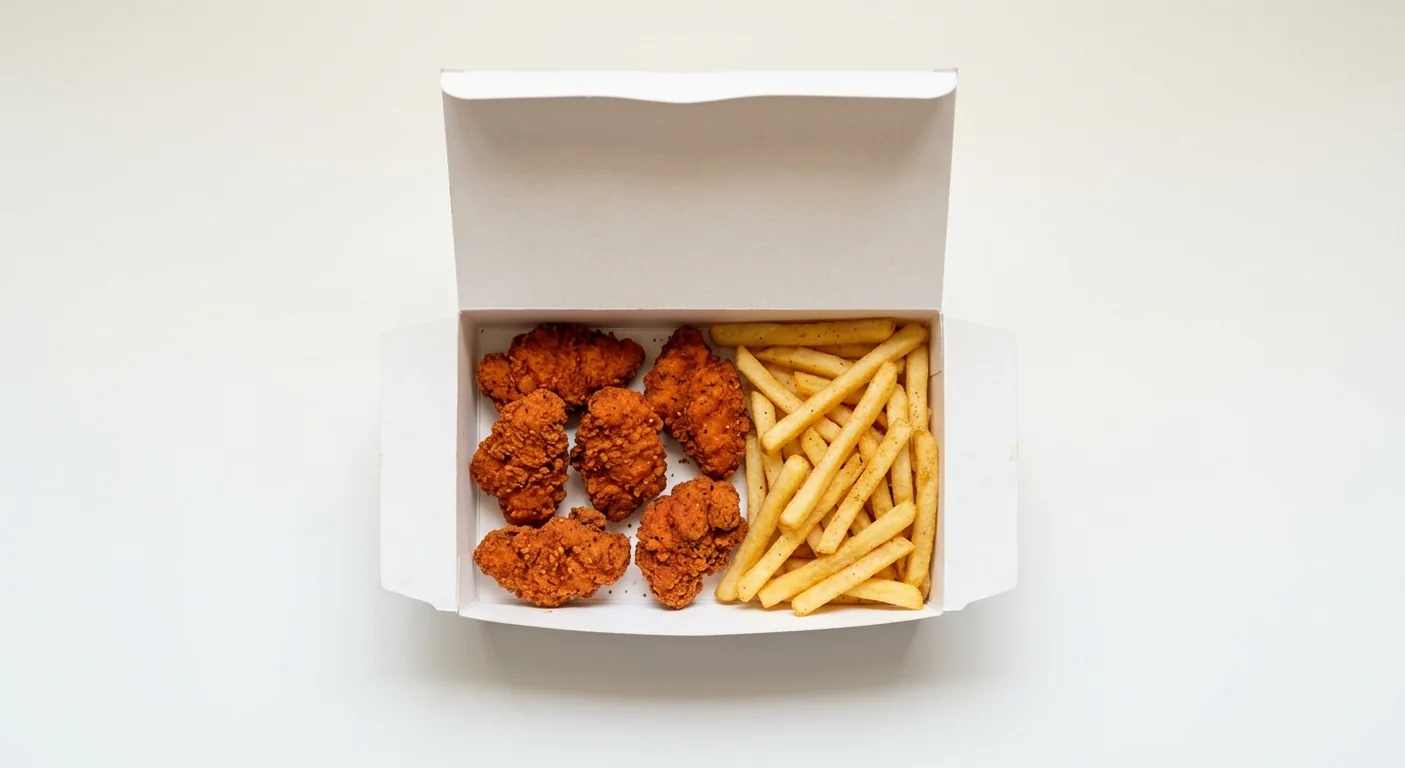 Domino's Chicken Kickers and Fries Combo, 7 spicy breaded chicken kickers with fries in a takeaway box, nutrition and calories