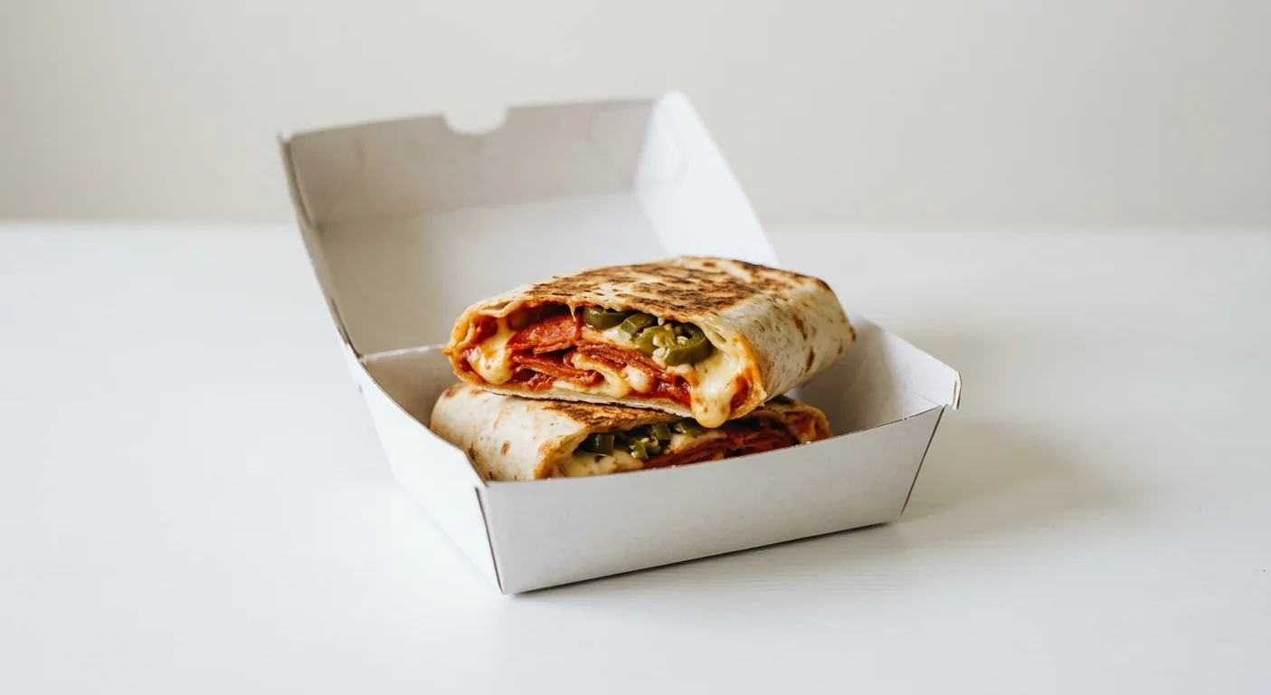 Domino's American Hot Wrap, toasted wrap cut in half, filled with mozzarella, pepperoni, tomato sauce and jalapeños in a takeaway box, nutrition and calories
