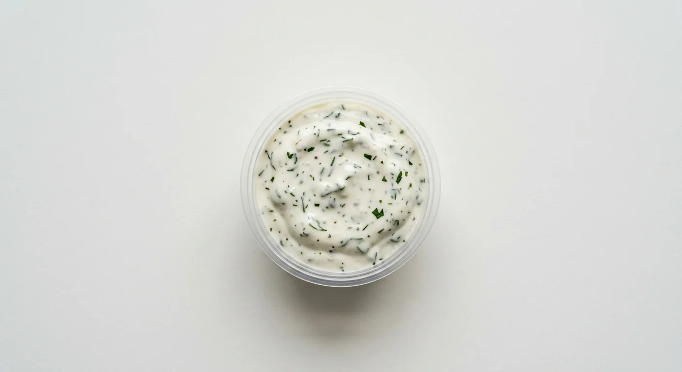 Domino's Ranch Dip, creamy white ranch dip flecked with green parsley and black pepper in a takeaway dip pot, nutrition and calories