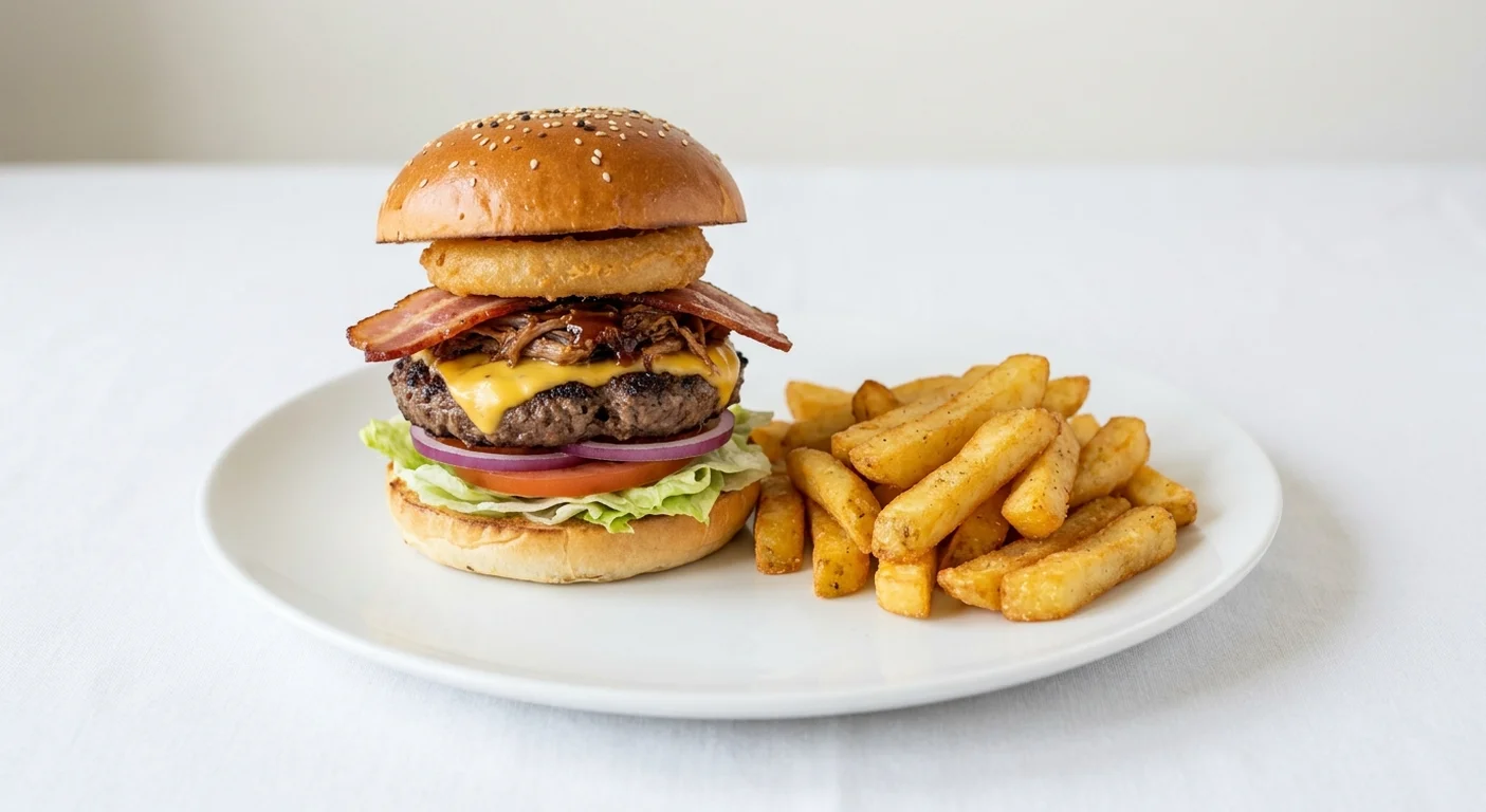 Wetherspoon Big Smoke (Beef), beef burger with American-style cheese, BBQ brisket, bacon and an onion ring, with chips on a white plate, nutrition and calories