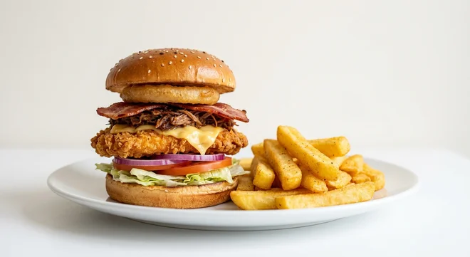 Wetherspoon Big Smoke (Fried Buttermilk Chicken), buttermilk chicken burger with American-style cheese, BBQ brisket, bacon and an onion ring, with chips on a white plate, nutrition and calories