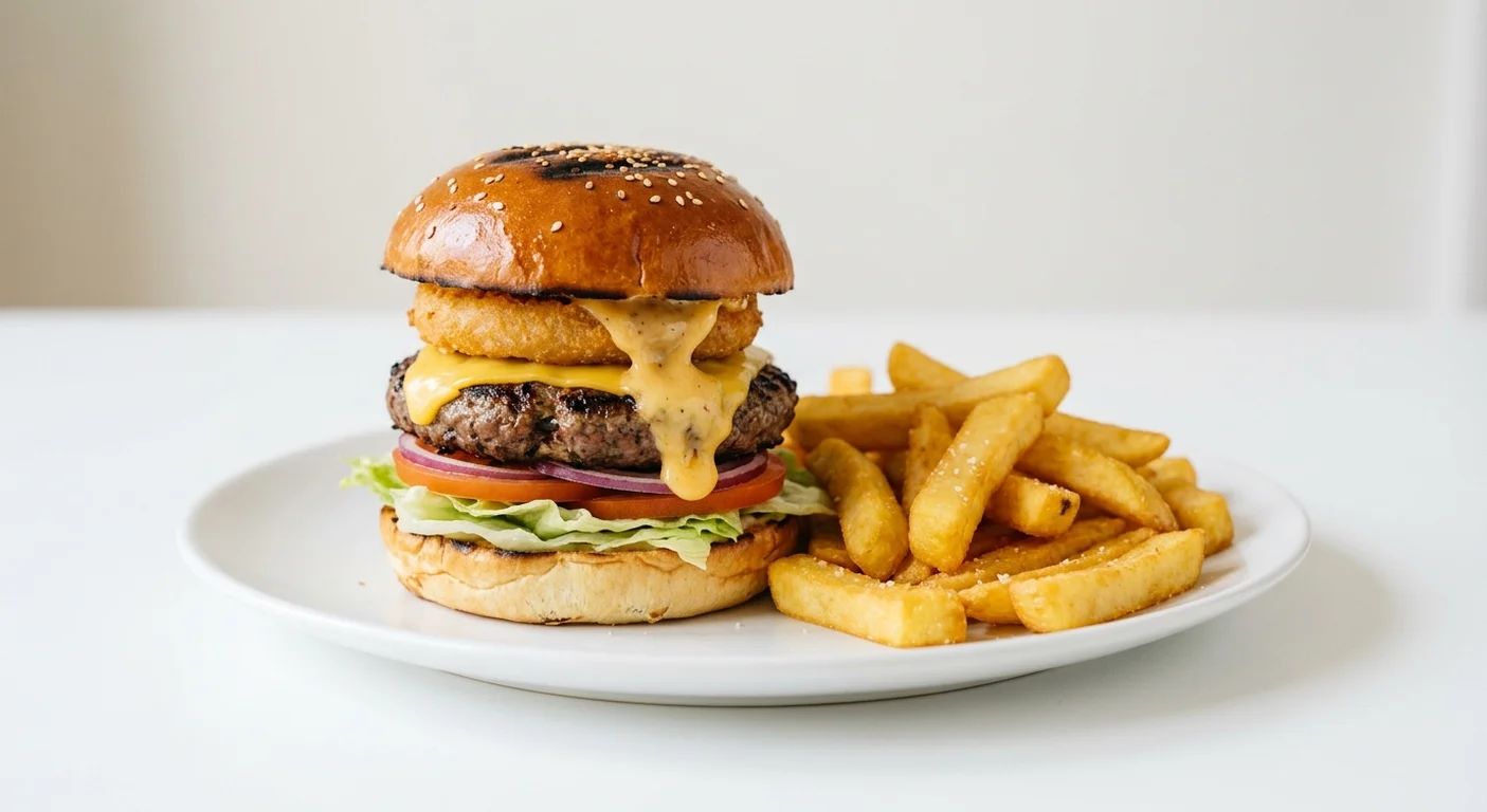Wetherspoon Cheese Meltdown (Beef), beef burger with American-style cheese, cheese sauce and an onion ring, with chips on a white plate, nutrition and calories