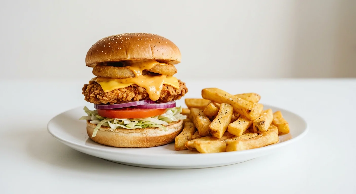 Wetherspoon Cheese Meltdown (Fried Buttermilk Chicken), buttermilk chicken burger with American-style cheese, cheese sauce and an onion ring, with chips on a white plate, nutrition and calories