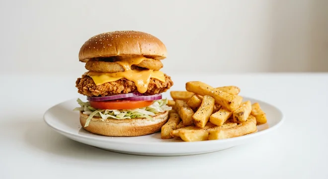 Wetherspoon Cheese Meltdown (Fried Buttermilk Chicken), buttermilk chicken burger with American-style cheese, cheese sauce and an onion ring, with chips on a white plate, nutrition and calories
