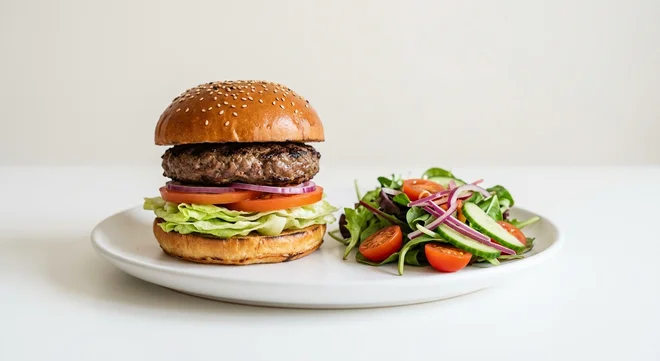 Wetherspoon Classic Burger with Side Salad, beef burger with lettuce, tomato and red onion, with a side salad on a white plate, nutrition and calories