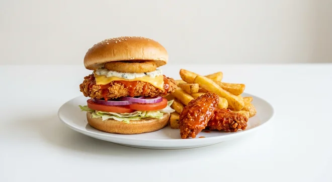 Wetherspoon Buffalo Burger, buttermilk chicken burger with hot sauce, cheese, blue cheese dip and an onion ring, with chicken wings and chips on a white plate, nutrition and calories