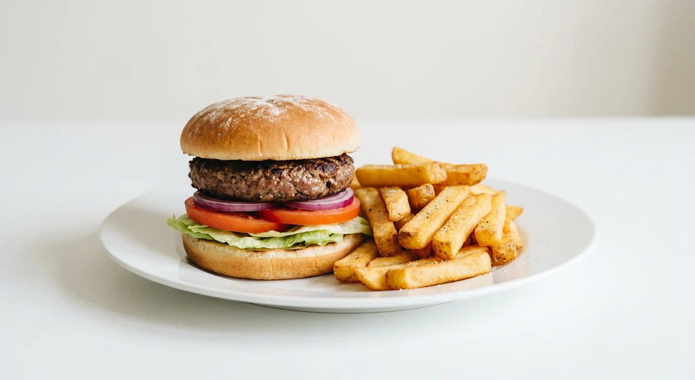 Wetherspoon Classic Burger with Chips, beef burger with lettuce, tomato and red onion, with chips on a white plate, nutrition and calories
