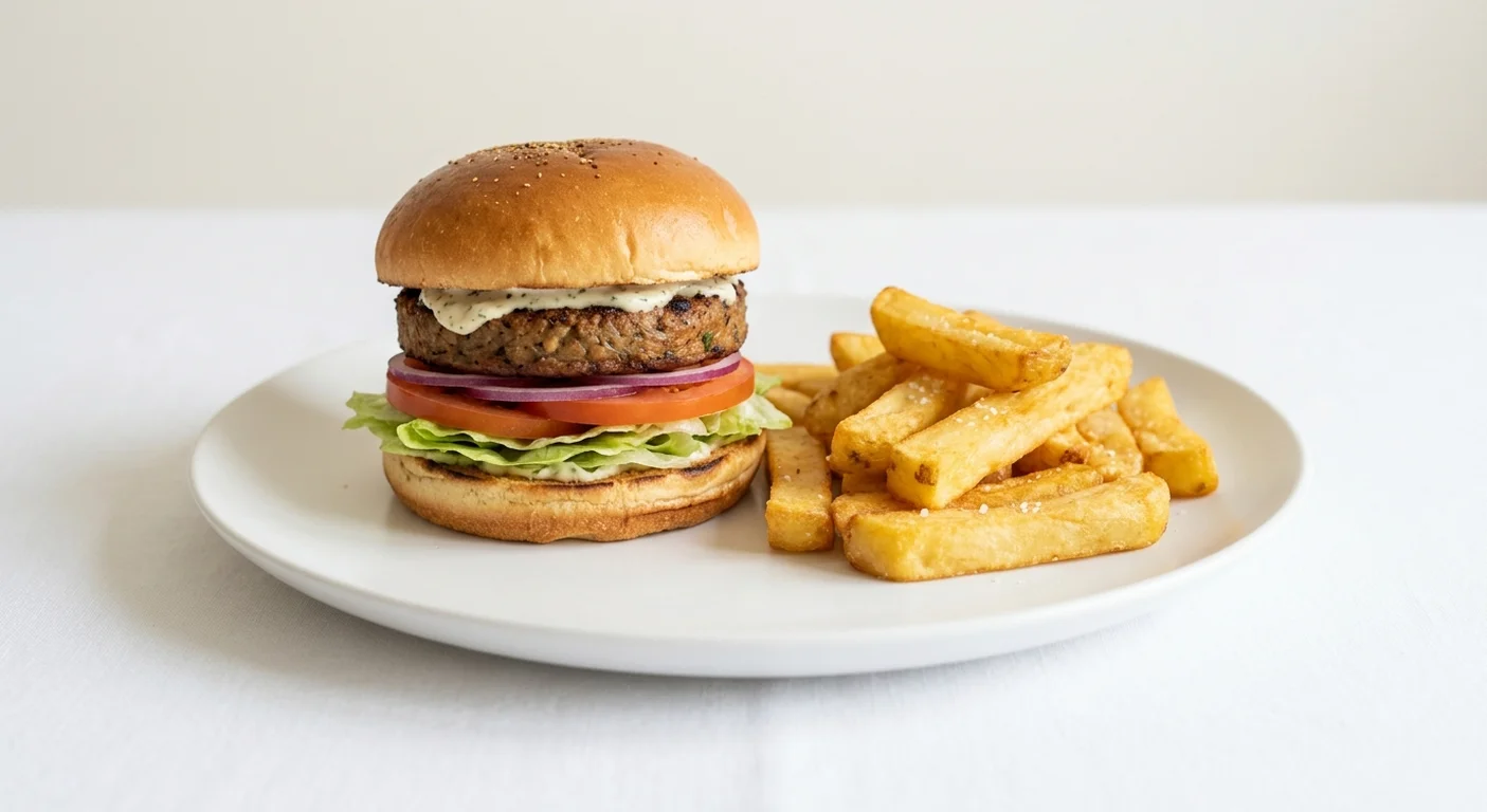 Wetherspoon Plant Burger, plant-based burger with garlic and herb sauce and salad, with chips on a white plate, nutrition and calories